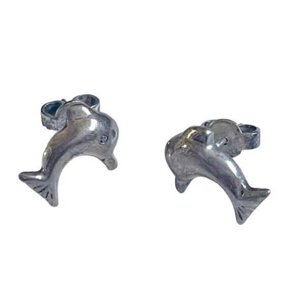 Vintage Sterling Silver Dolphin Stud Earrings - Picture 1 of 2